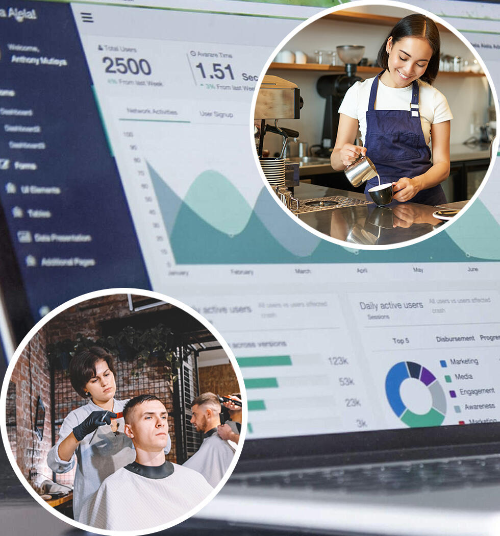 Who We Are Small business coffee shop and barber with financial report background.